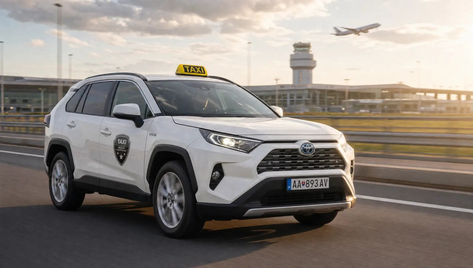 Taxi Toyota RAV4 Hybrid en la carretera durante un transfer al aeropuerto