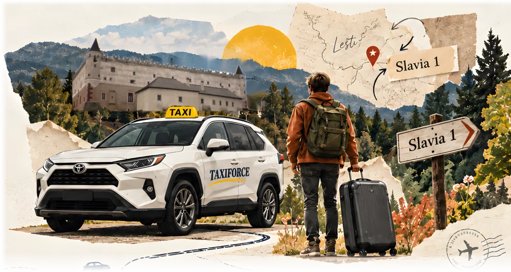 Taxi Toyota RAV4 de TaxiForce frente al castillo de Zvolen y el cartel Slavia 1